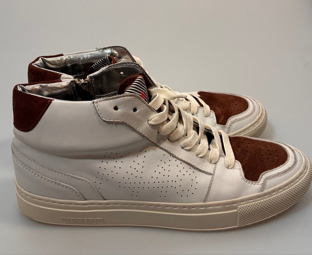 P448 White Leather Brown Suede High Top Zip Sneakers Mens EU 43 US 10